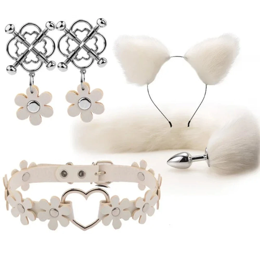 Fox Tail Anal Plug with Cat Ear Headband Set - White