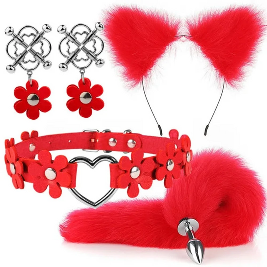 Fox Tail Anal Plug with Cat Ear Headband Set - Red