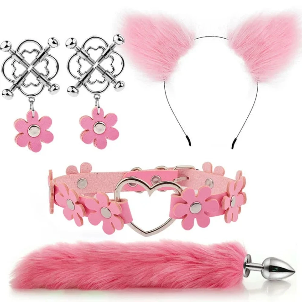 Fox Tail Anal Plug with Cat Ear Headband Set - Pink